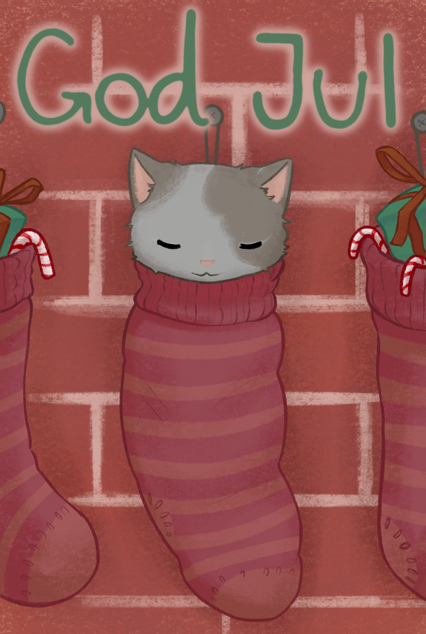 jul-sok-kat-god-hilsen-kærlig-håndlavet-tegning-mursten-grafitti-mur-neon